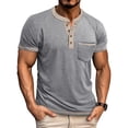 thumbnail image 1 of European Color Blocked Men's Casual Short-Sleeved T-Shirt - Button Open Neck, Pocket Design, 1 of 5