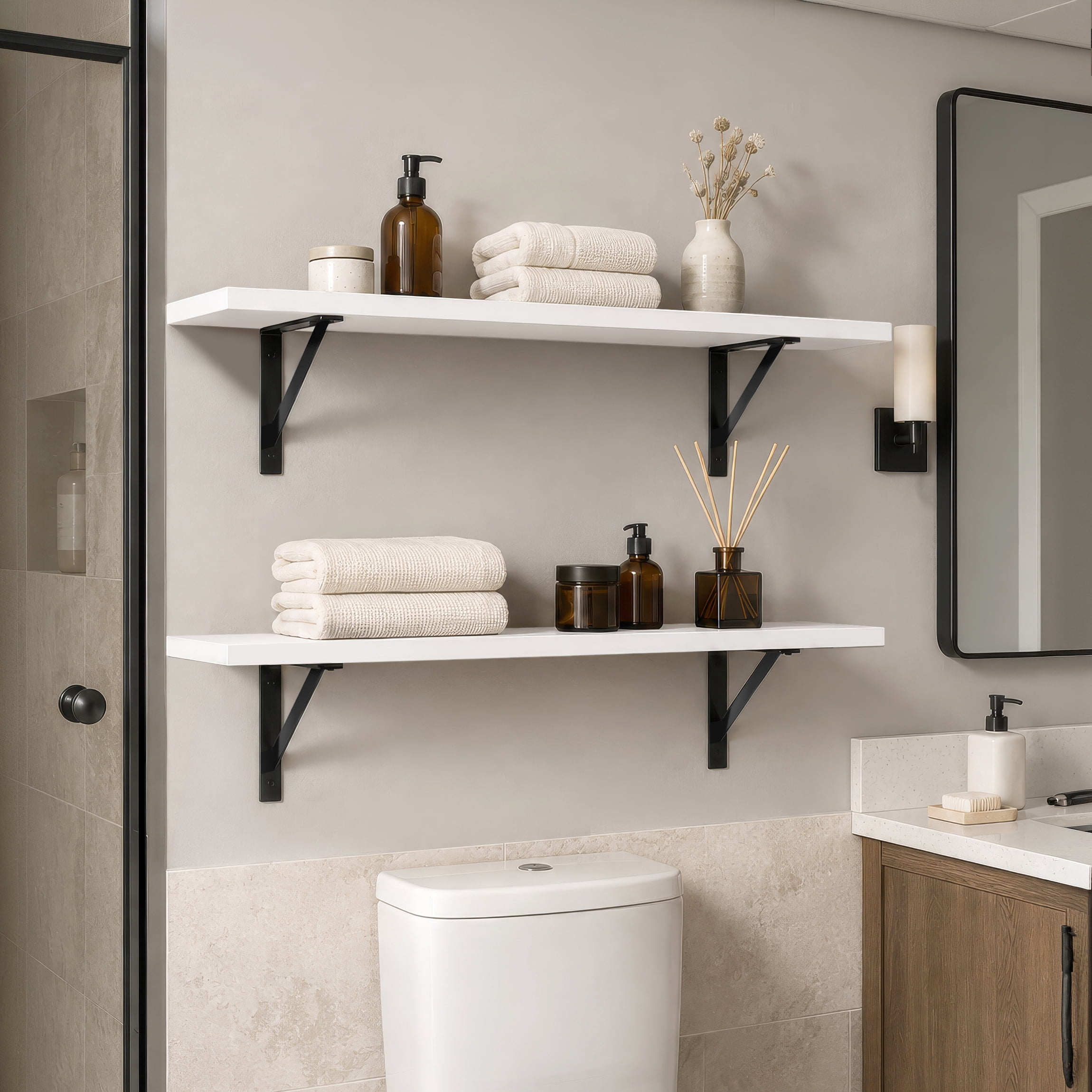 Sorbus 47.3 in Wood Wall Shelves with Black Metal Brackets, White, 2-Piece Set