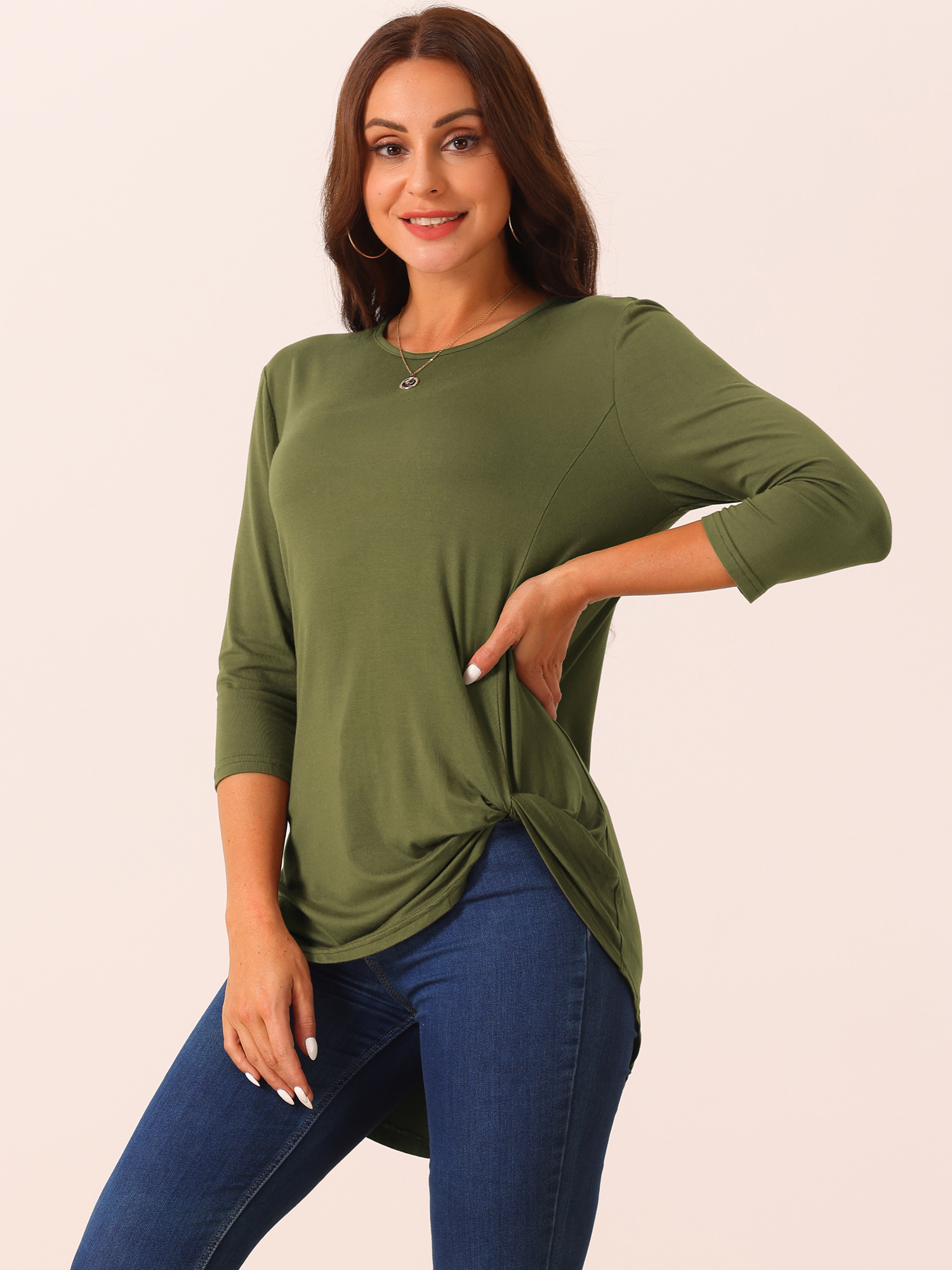 DARING DIVA Women's Tunic Top Crewneck 3/4 Sleeve Asymmetrical Blouse Army Green XL
