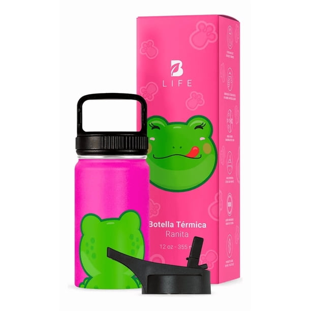 Botella de Agua para Niños 355ml Ranita | Con Asa, 2 Tapas, 2 Popotes y Cepillo | Libre de BPA | B Life