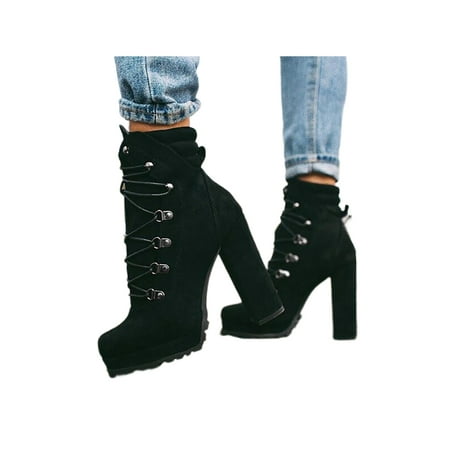 

Eloshman Lace up Chunky Heel Ankle Booties for Women Block High Heel Platform Combat Boots Suede Winter Cold Weather Black 7