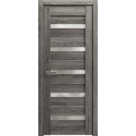 Solid French Pre-Hung Door Frosted Glass | Quadro 4445 Nebraska Grey | Single Regular Panel Frame Trims Handle | Bathroom Bedroom Sturdy Doors -18" x 84"