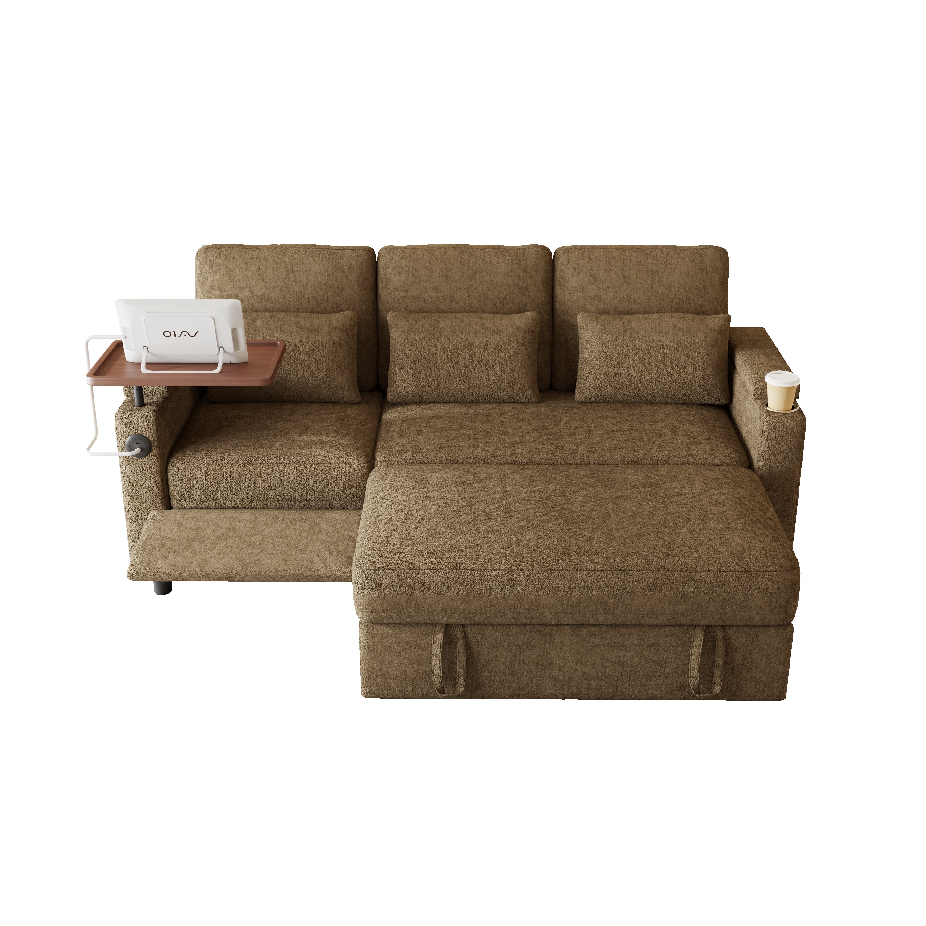 83" 3-in-1 Chenille Foldable Sofa Bed with Electric Chair,USB Ports,Table Board,Storage Armrests & Adjustable Backrest,3-Seater Sleeper,khaki