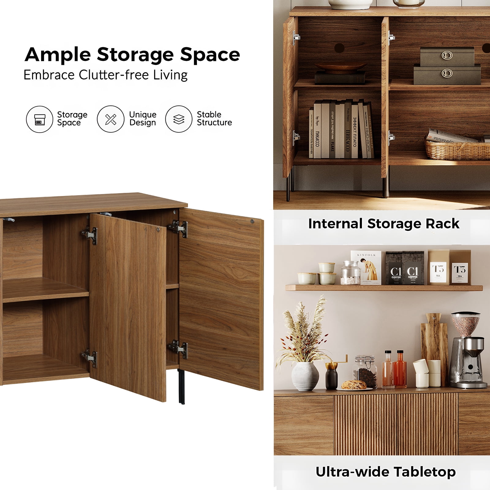 61" Modern TV Stand With Storage, Reeded Entertainment Center, Wooden TV Console With 4 Doors For Living Room