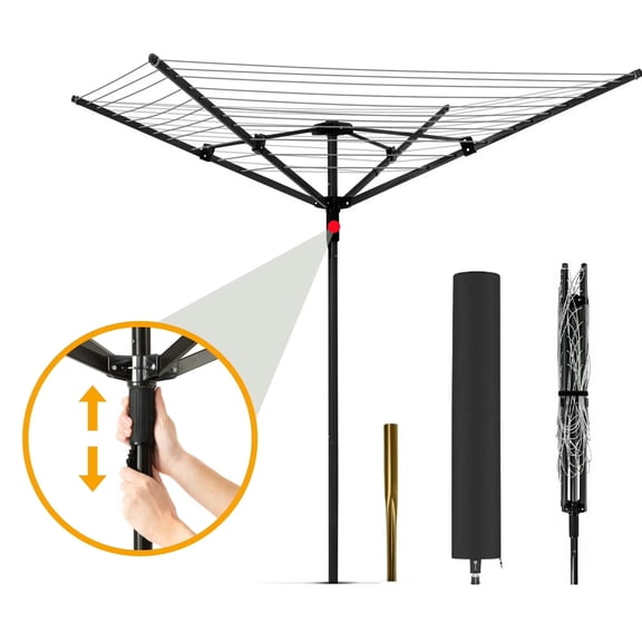IAJXWI Clothes Drying Rack,Heavy-Duty Steel Frame Umbrella Clothesline,12-Line 165ft Folding Outdoor Clothes Lines with Adjustable Height & 360°Rotation