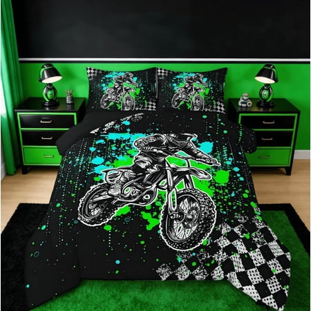 Manfei Kids Dirt Bike Twin Comforter Sets,Racing Motocross Rider Extreme Sports Bedding Set,Motorcycle Bed Set Reversible 2pcs