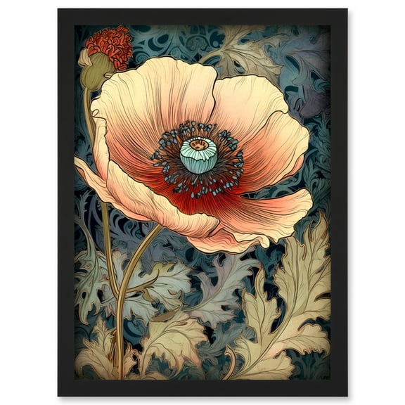 William Morris Style Peach Anemone Flower Bloom Artwork Framed Wall Art Print A4