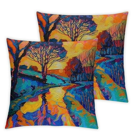 

Winter Artistic Pillow Covers Set of 2 Multicolor Sunset Landscape Throw Pillow Cases Modern Decorative Farmhouse Style Cushion Covers for Home Sofa Bed Couch 18x18 Inch