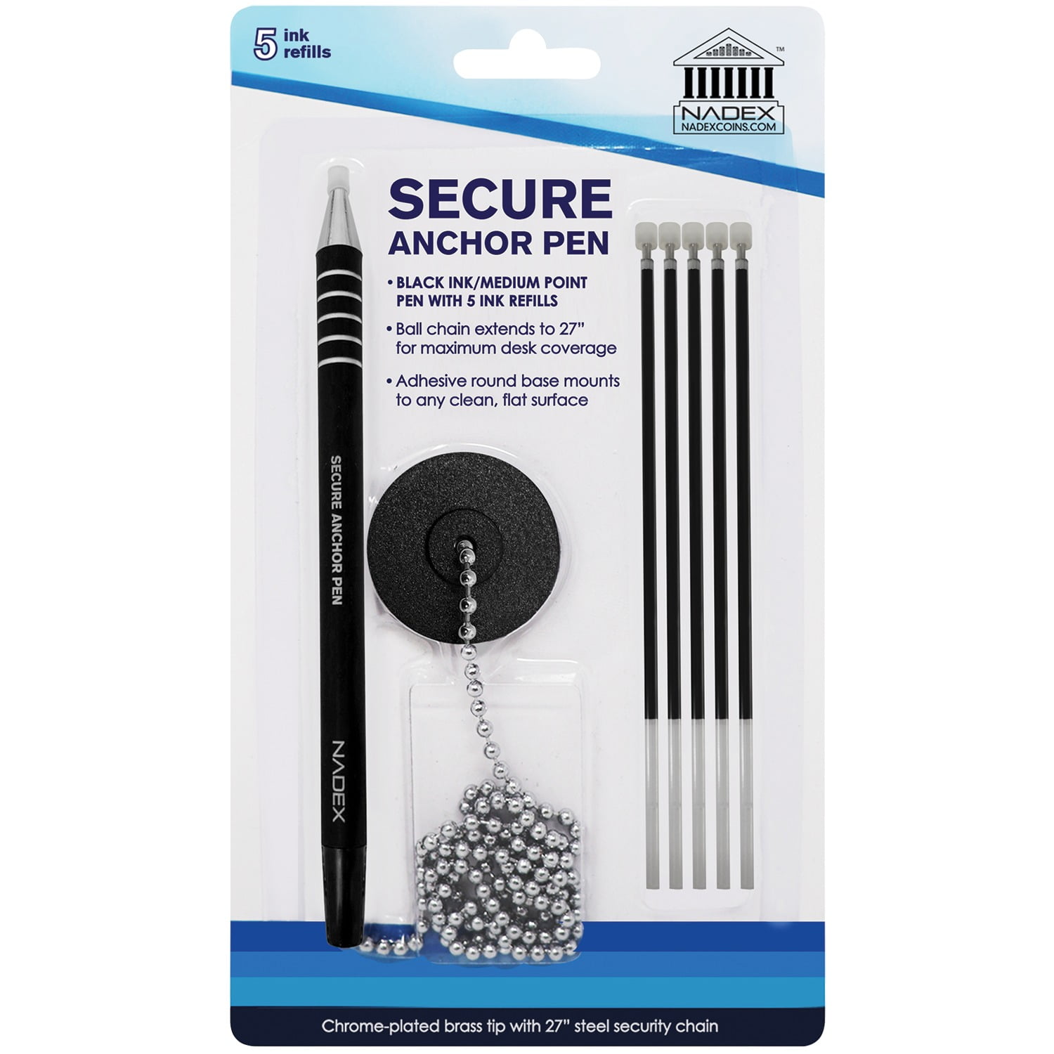 Nadex Coins NCS8-1176 Secure Counter Ballpoint Pen, 1 Pen, 1 Adhesive Mount, and 5 Refills (Black)