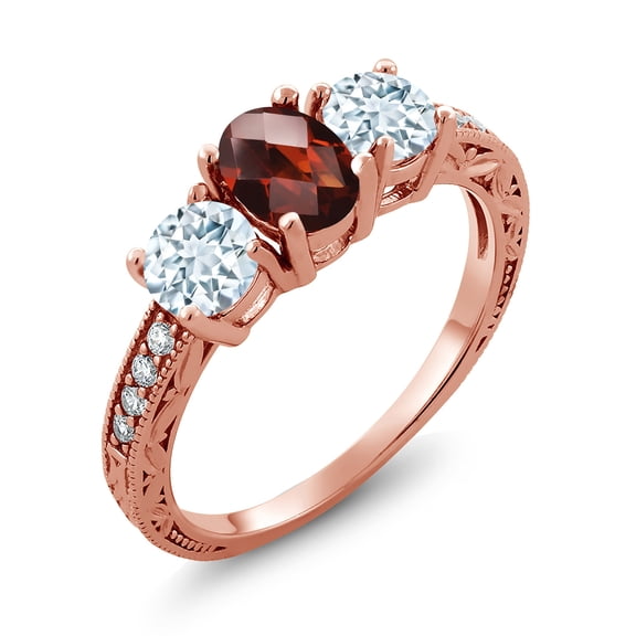Gem Stone King 2.12 Ct Oval Checkerboard Red Garnet Sky Blue Aquamarine 18K Rose Gold Plated Silver Moissanite Ring (Size 9)