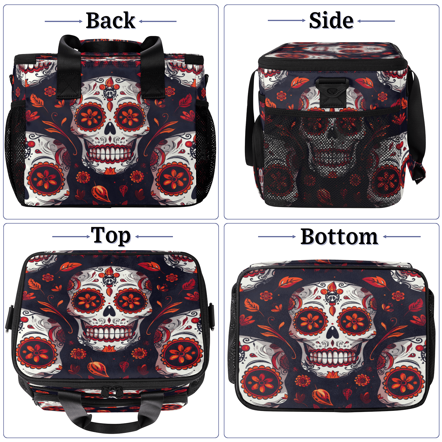 Herdesigns Sugar Skull Mexican Floral Skeleton Large Lunch Box for Adults Women Men with Adjustable Shoulder Strap, Insulated Reusable Lunch Bag Leakproof Cooler Tote Bag