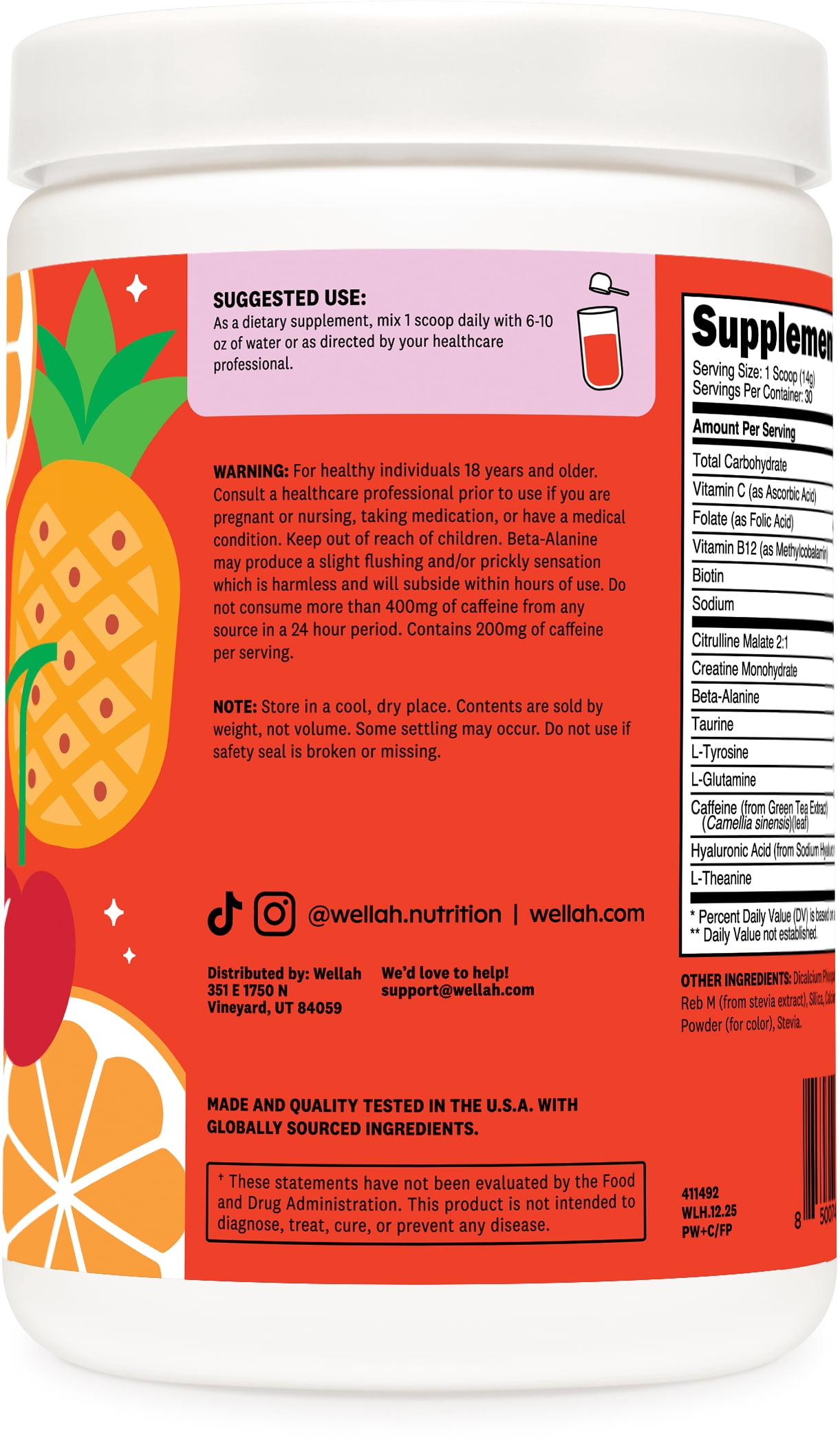 Wellah Pre-Workout + Creatine Powder (30 Servings) Fruit Punch - 200mg Caffeine, 3g Creatine Monohydrate, 5g Citrulline Malate, Pre-Workout with Creatine Supplement