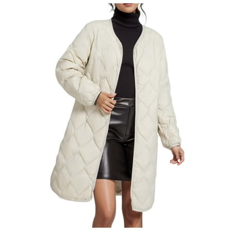 ZHOUCHANKIDS Women s Diamond Quilted Jacket Zipper Up Hooded Long Lightweight Padding Down Coat with Pockets White XXL