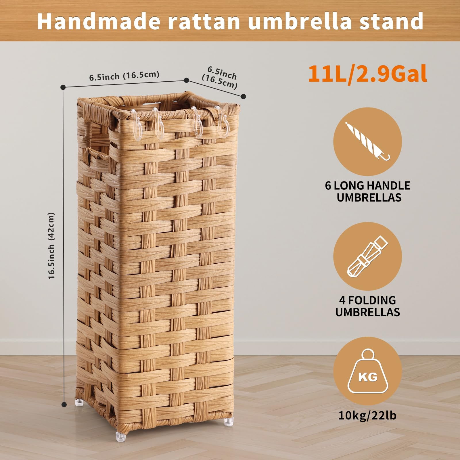 Rattan Umbrella Stand, Umbrella Holder for Entryway, Hand Woven Umbrella Rack Organizer Freestanding, with a Detachable Drip Tray, 4 Hooks, 11.8" L x 5.5" W x 16.5" H