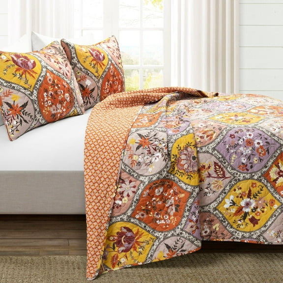 Lush Decor Bohemian Flower Reversible Oversized Cotton Quilt Tangerine/Lilac 3Pc Set King