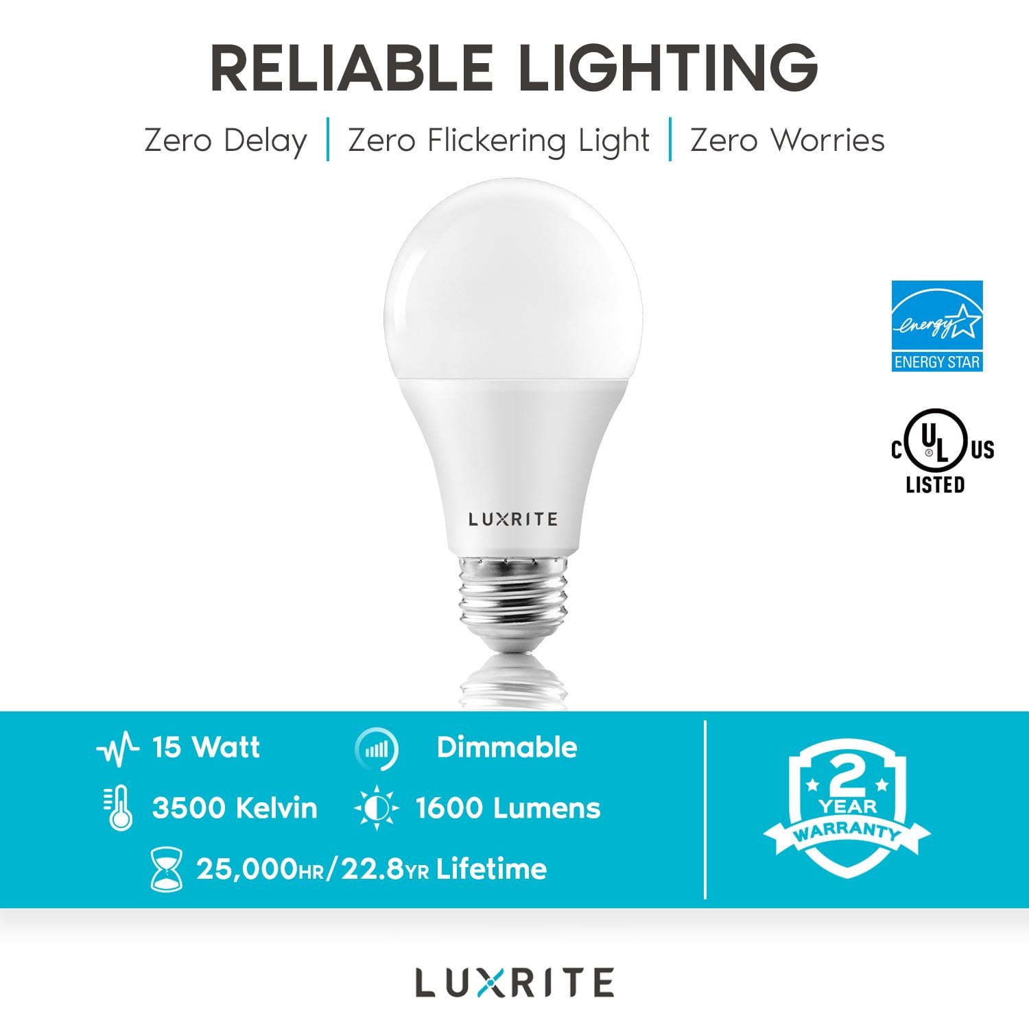 Luxrite A19 LED Light Bulb, Dimmable, 3500K Natural White, 1600 Lumens, Enclosed Fixture Rated, 15W, E26 Base 16-Pack