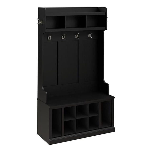 Bowery Hill 40" Engineered Wood Hall Tree and Shoe Bench w/ Shelves in Black Oak