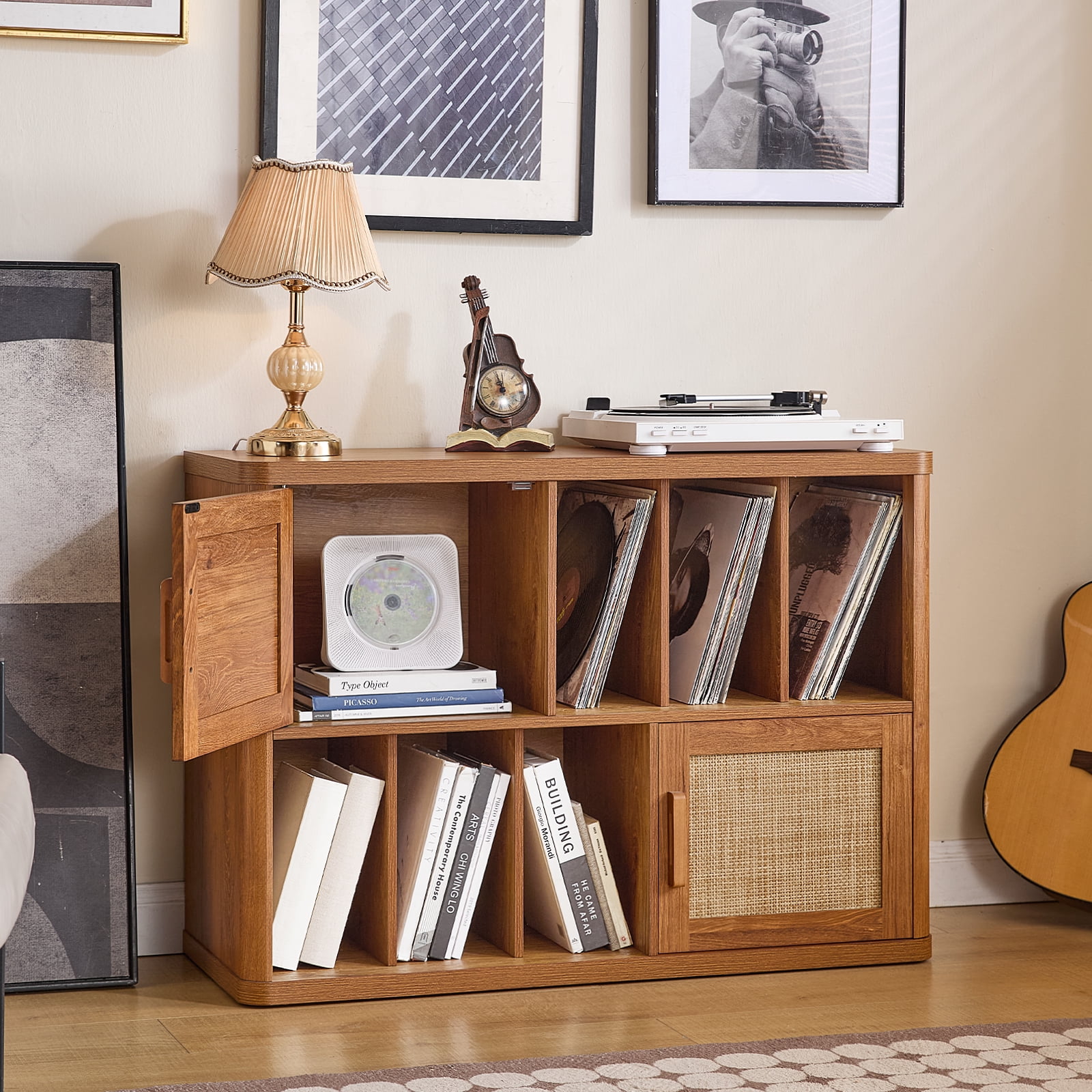 Rattan Boho Large Record Player Stand, Modern Stereo Turntable Table with Record Storage, Vinyl Record Storage Cabinet, Tea Brown
