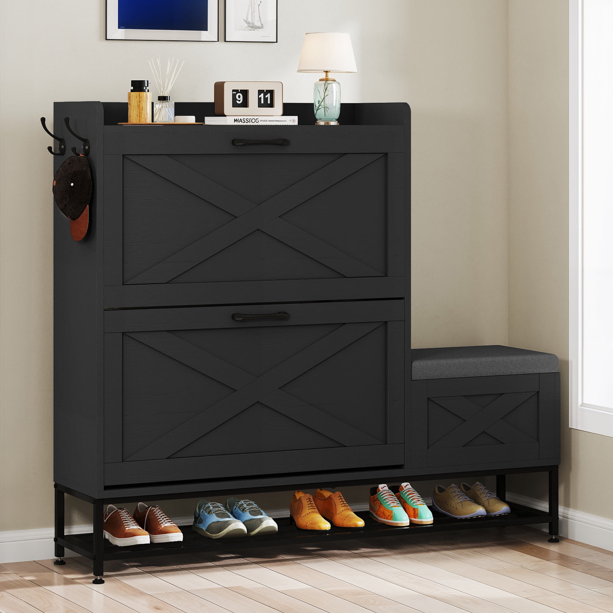 Uforic Farmhouse Narrow Slim Shoe Storage Cabinet with 2 Flip Drawers&Shoe Bench for 16 Pairs for Entryway, Foyer, Black