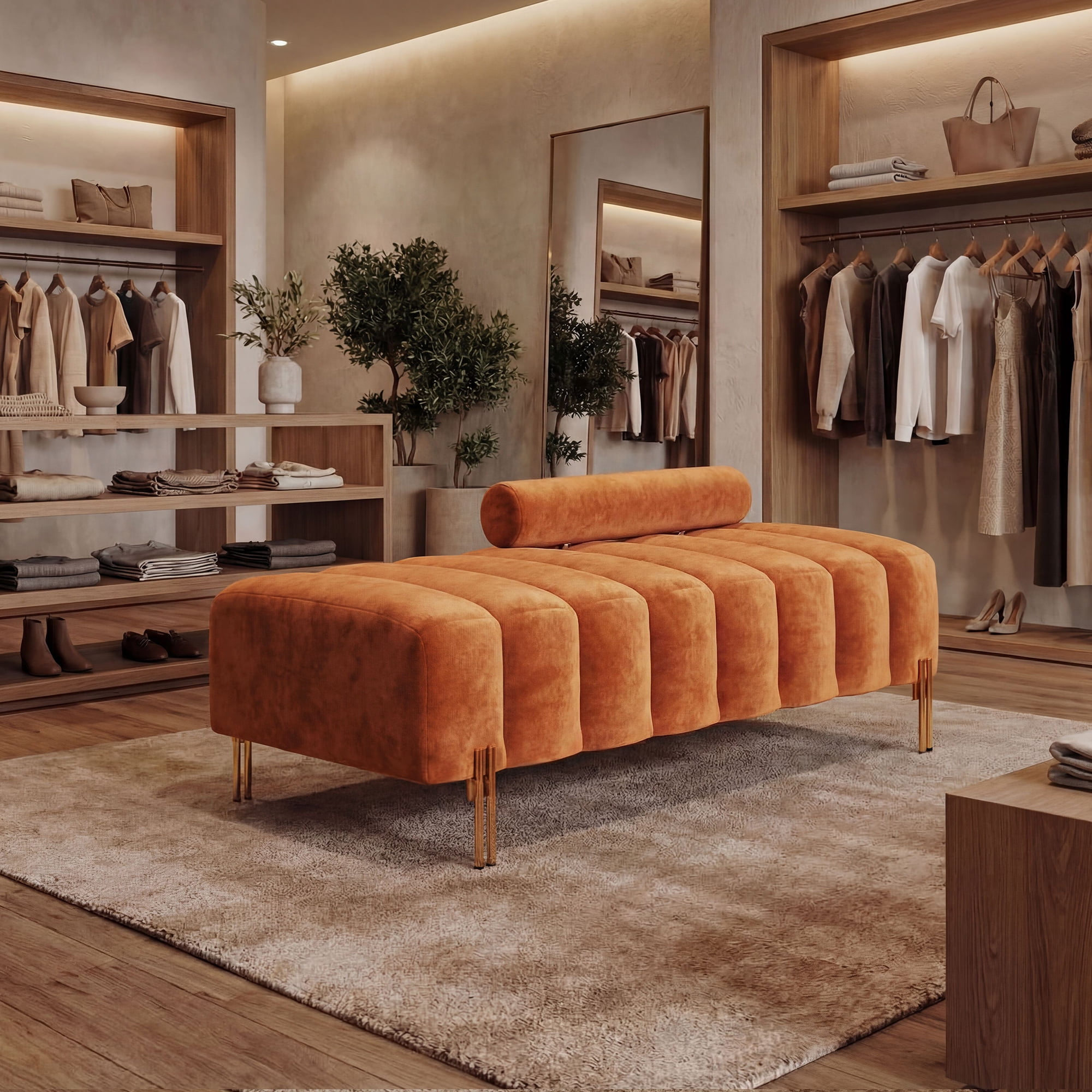 Wiilayok 52" Upholstered Velvet Ottoman Bench,End of Bed Bench with Gold Legs,Tufted Long Bench for Bedroom Living Room Foyer Indoor Entryway, Orange