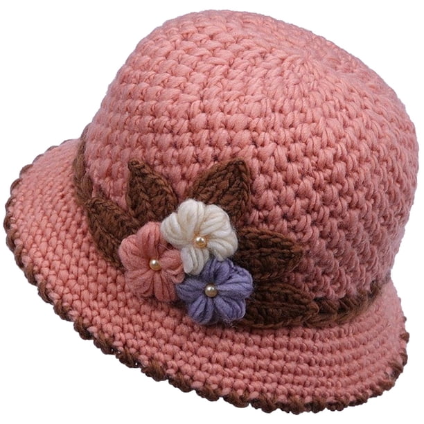 Gorro de lana de punto con flores para mujer, protección auditiva, para personas mayores, invierno 2023