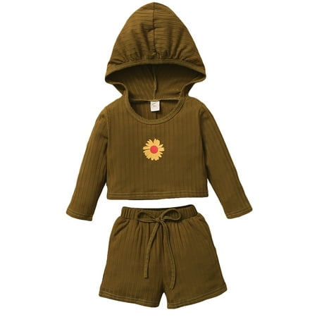 

elfinBE Baby Girl Child Toddler Solid Color Sunflower Printed Hooded Pants 2PCs Outfits Set 9-24M 2-4T