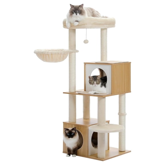 Large Cat Tree 51", Wooden Cat Tower with Condos, Perch & Sisal Posts for Indoor Cats - Beige