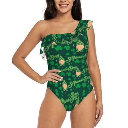 Salouo St Patrick s Day9 Pattern One Shoulder Ruffled One Piece Swimsuit for Women V Neck Swimwear Tummy Control Bathing Suit-Small