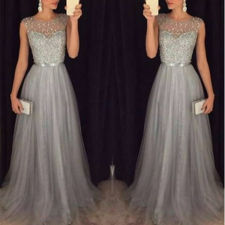 Women's Sexy Long A-Line Sleeveless Sequin Tulle Tutu Dress Prom Evening Party Wedding
