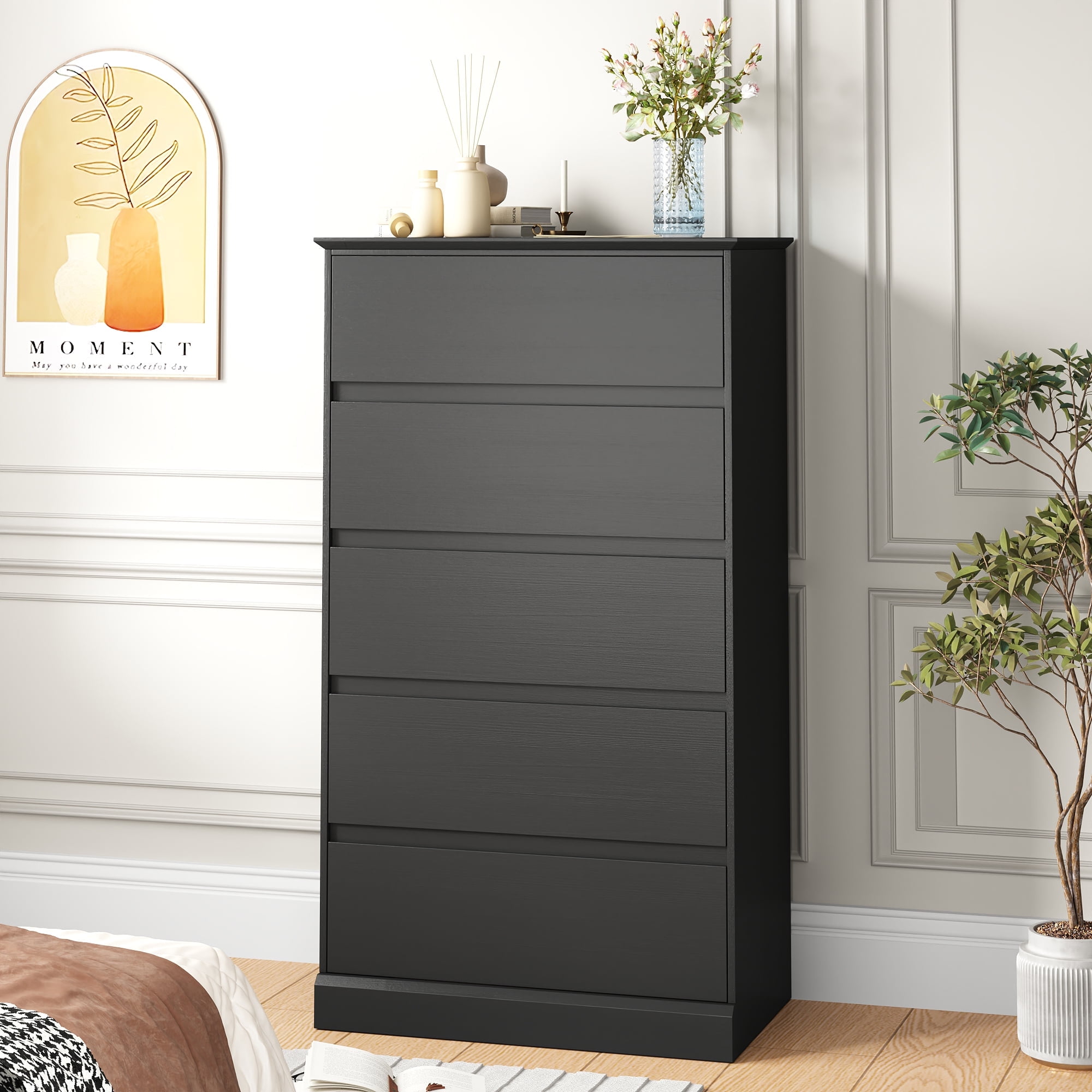 5 Drawer Dresser for Bedroom, 15.8" D x 27.6" W x 48.4" H in Simply Modern Chest of Drawers, Wood Storage Dresser with Deep Drawers for Living Room Hallway Entryway, Black