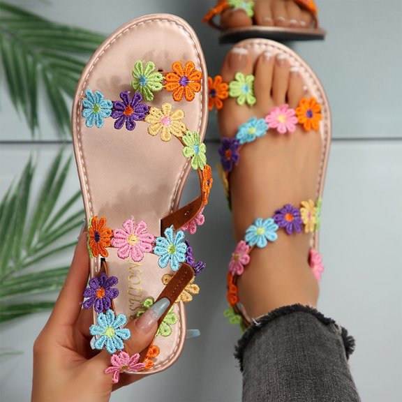 CHWshoes Sandals Women Dressy Summer Flat Strappy Sandal Colorful Flower Straps Slip on Slides Trendy Casual Toe Ring Flip Flops Cute Comfy Ladies Beach Shoes Rose Gold Size 36