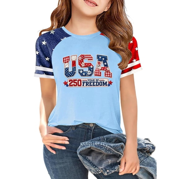 CCRFTGI 250 Anniversary Usa Flag Shirts for Kids Girls Boys Patriotic Freedom 4th Of July USA Flag Outfits July 4th Celebration Summer Shirts 1776 T-Shirts Blue 7-8 Years