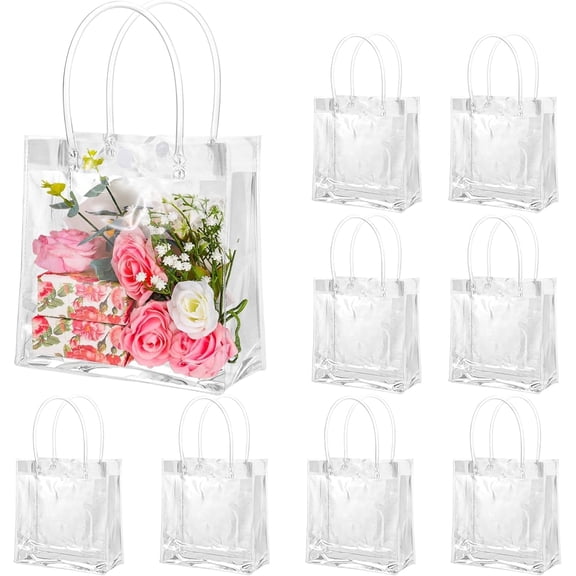 TAVENE 20 Pack Clear Gift Bags with Handle 8" x 8" x 3.15", Reusable Large Plastic Tote Bag Clear Bags for Gifts Wedding Party Favors Gift Wrap