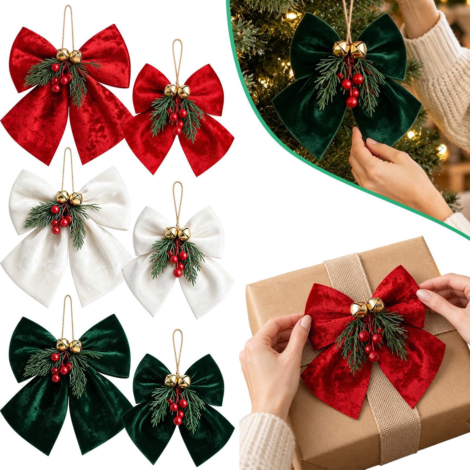 Wyihui Christmas Velvet Bow Ornament with Bells Red Berries and Pine Needles Xmas Tree Hanging Decoration for Wreath Garland