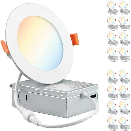 

PARMIDA (16 Pack) 4 Inch 5CCT Ultra-Thin LED Recessed Lighting with Junction Box 2700K/3000K/3500K/4000K/5000K 5 Color Selectable 9W Dimmable Canless Wafer Slim Panel Lights IC Rated ETL