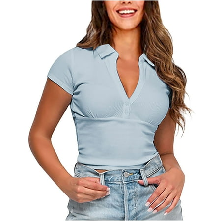 

Workout Tops for Women Going Out Tops for Women Women s Summer Solid Color Lapel Top Short Sleeve Sexy Versatile Short Sleeve T-Shirt Western Shirts for Women Workout Shirts for Women Blue L