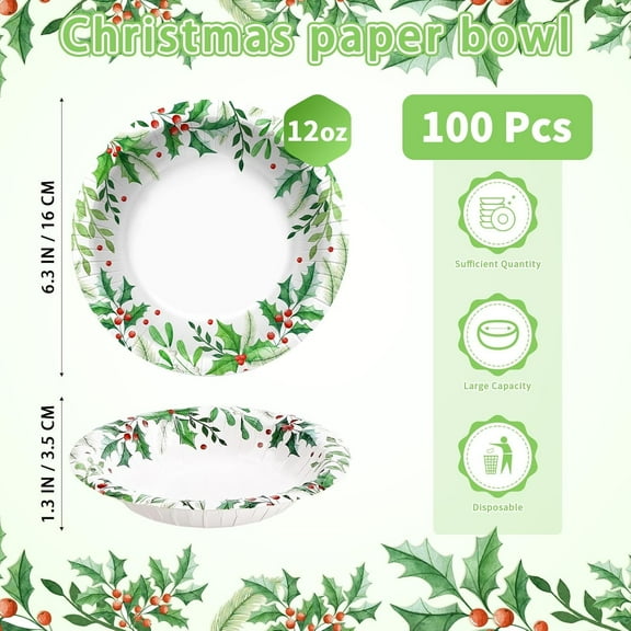 YUYAN-100Pcs Christmas Paper Bowls 12 Oz Disposable Christmas Holly Leaves Bowls Red Berries Bowl for Xmas Holiday Wedding Party Decorations