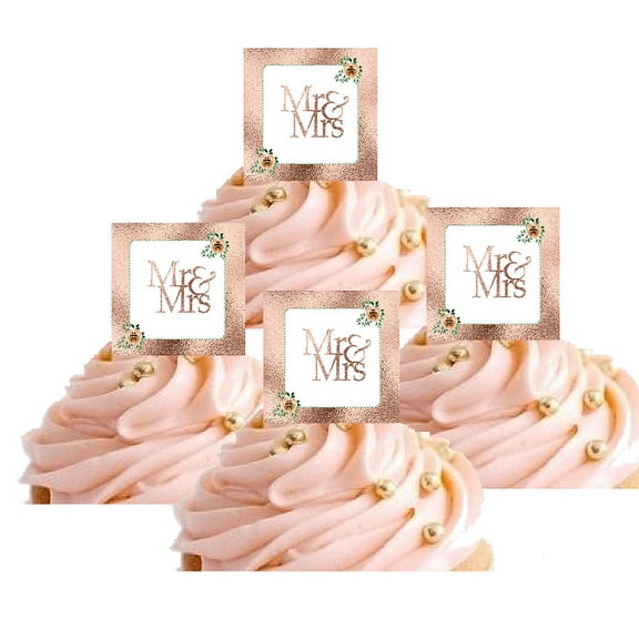 24pk Antique Rose Gold Glitter Mr & Mrs Hand Crafted Glitter Cupcake Decoration Topper Picks
