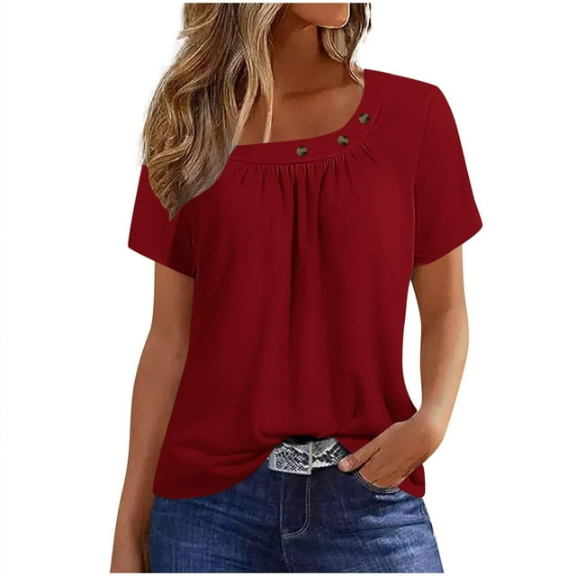 AherBiu T-Shirts pour Femmes Manches Courtes Couleur Unie Col Rond Ample Décontracté Confortable Froncé