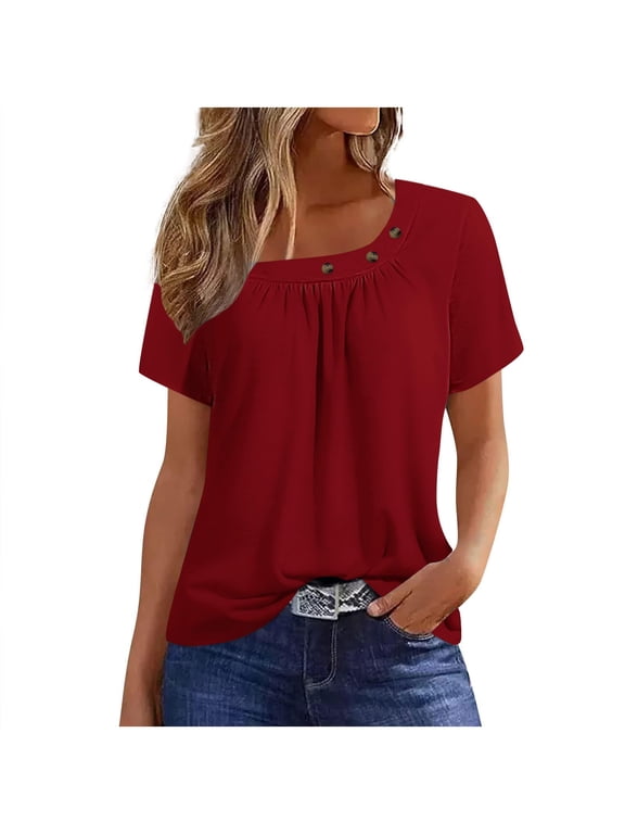 Womens Summer Tops Short Sleeves Square Neck Shirts Ladies Work Casual Fashion Solid Color Tees Top