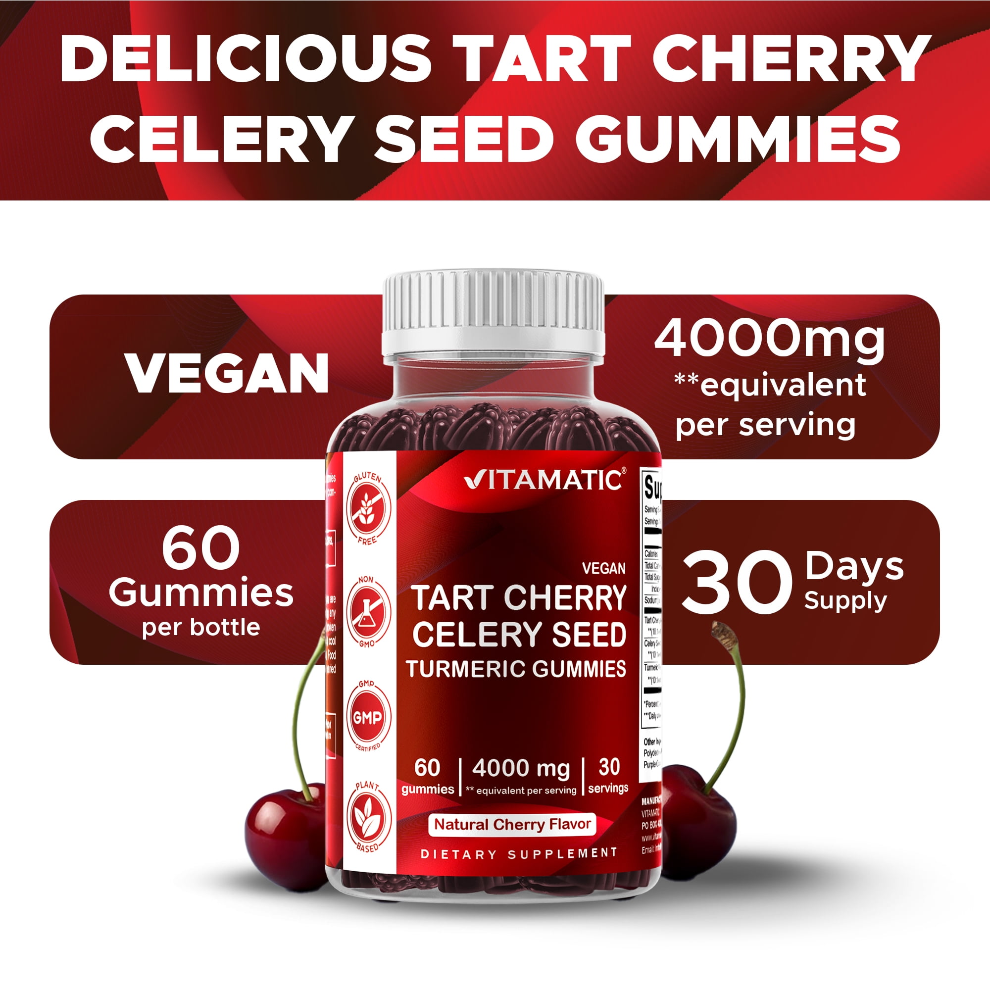 (3 pack) VVitamatic Tart Cherry (360 mg) with Celery Seed (30 mg) 10:1 Extract & Turmeric 20:1 Extract (10 mg) - (Per Serving/2 Gummies) - 60 Gummies
