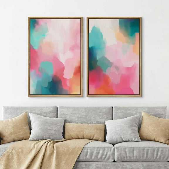 IDEA4WALL Framed Canvas Print Wall Art Set Abstract Expressionist Pink & Blue Illustration Splicing Color Blocks Pattern Modern Digital Art Wall Decor Minimal for Home Decor - Natural 24"x36"x2
