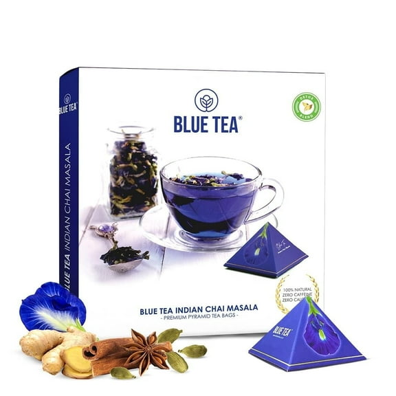 BLUE TEA - Blue Tea Indian Chai Masala - Handcrafted 12 Pyramid Tea Bags (12 Cups)