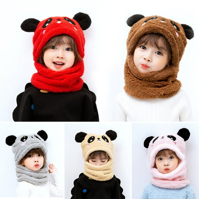 Hesroicy Kids Winter Hat Scarf Coral Fleece Thicken Cartoon Animal Panda  One-Piece Keep Warm Unisex Cold-proof Baby Bonnet Scarf for Outdoor 
