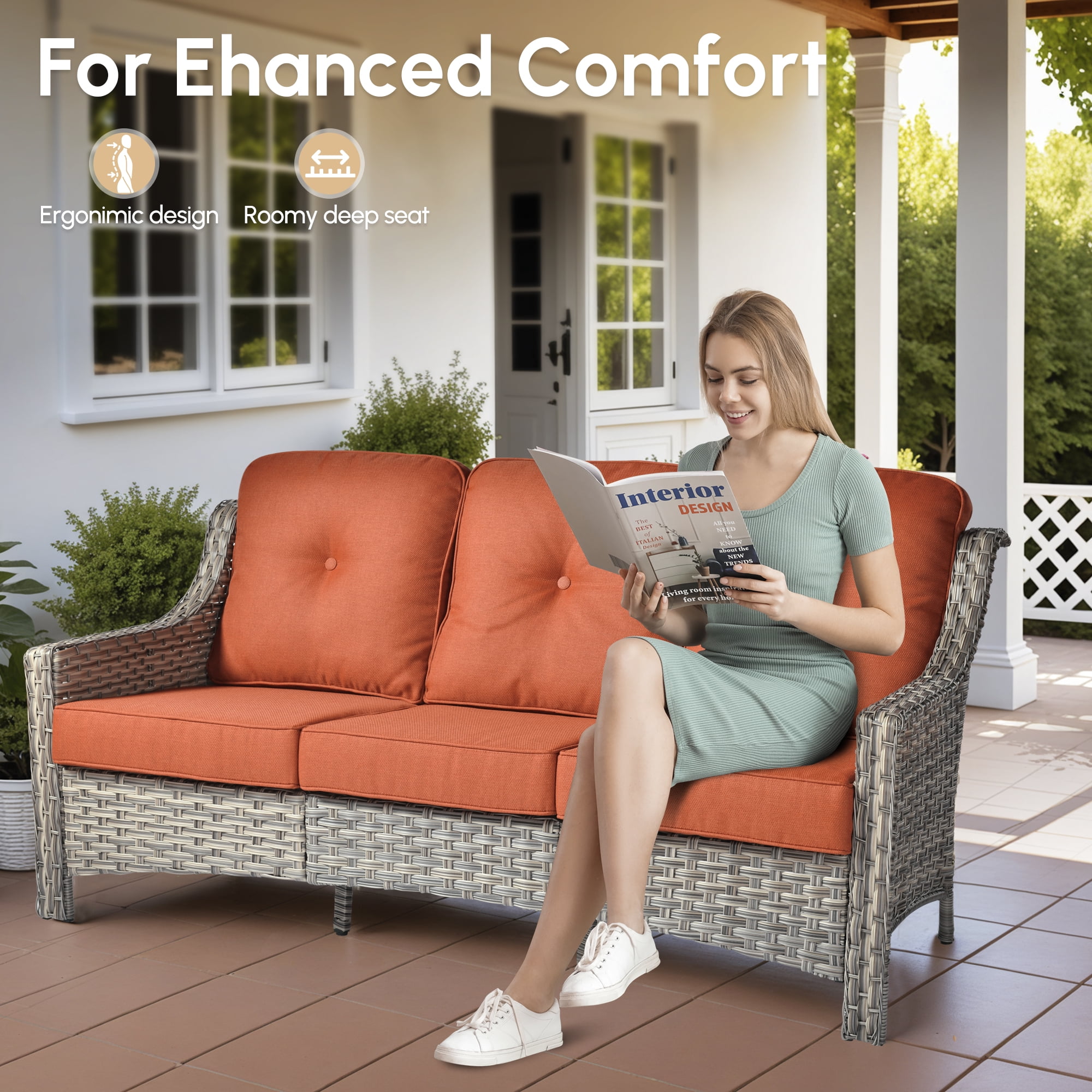Vcatnet Patio Furniture Set with Fire Pit 8 Pieces Wicker Outdoor Sectionals High Back Outdoor Conversation Set with Ottoman, Coarse Orange Red