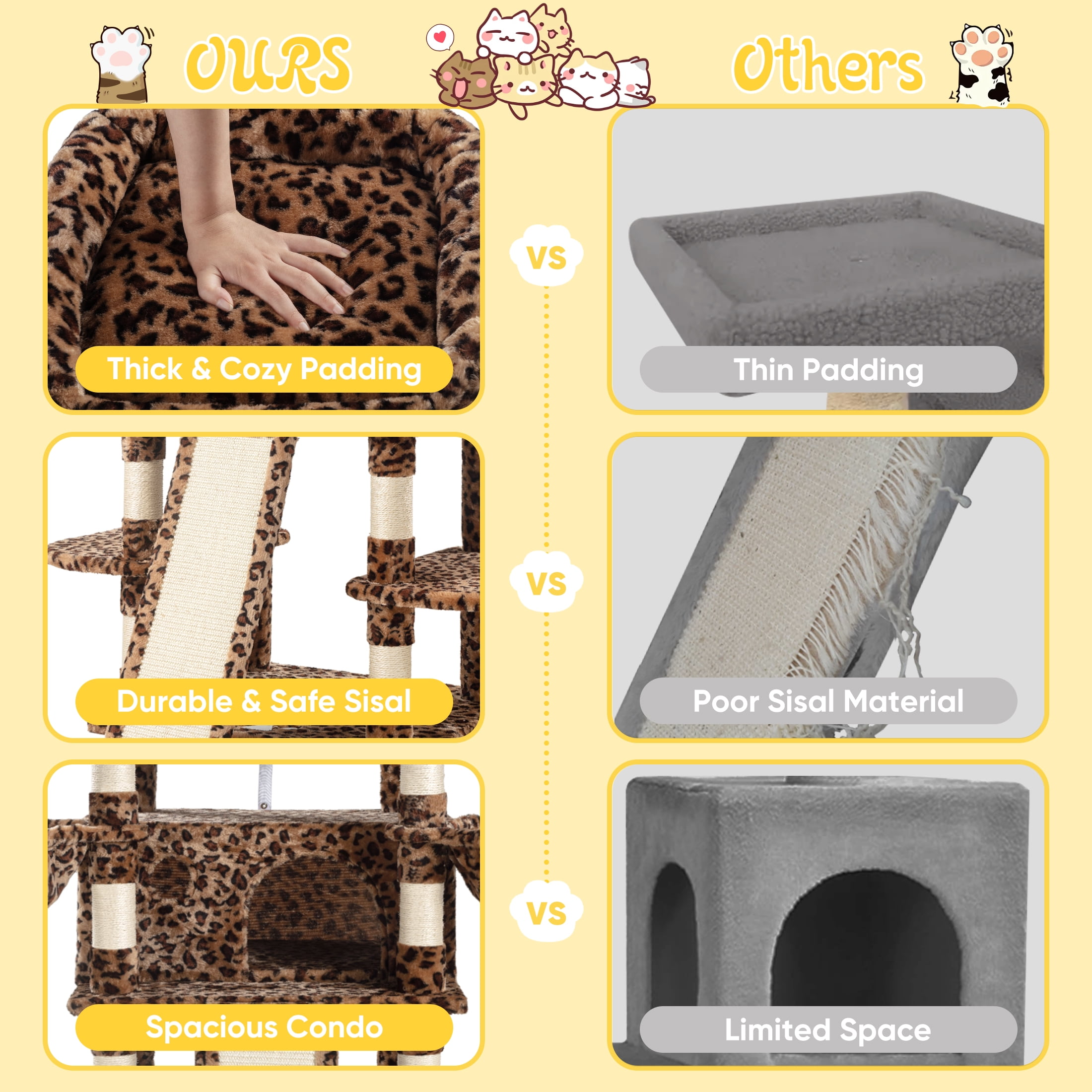 Sha Cerlin 68" X Large Cat Tree and Tower for Cats with Condo House, Sisal Scratching Board & Posts, Leopard Print