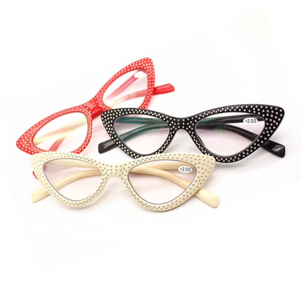 3 Pairs of Women Cat Eye Reading Glasses Diamond Presbyopic Glasses Plastic Readers +1.50