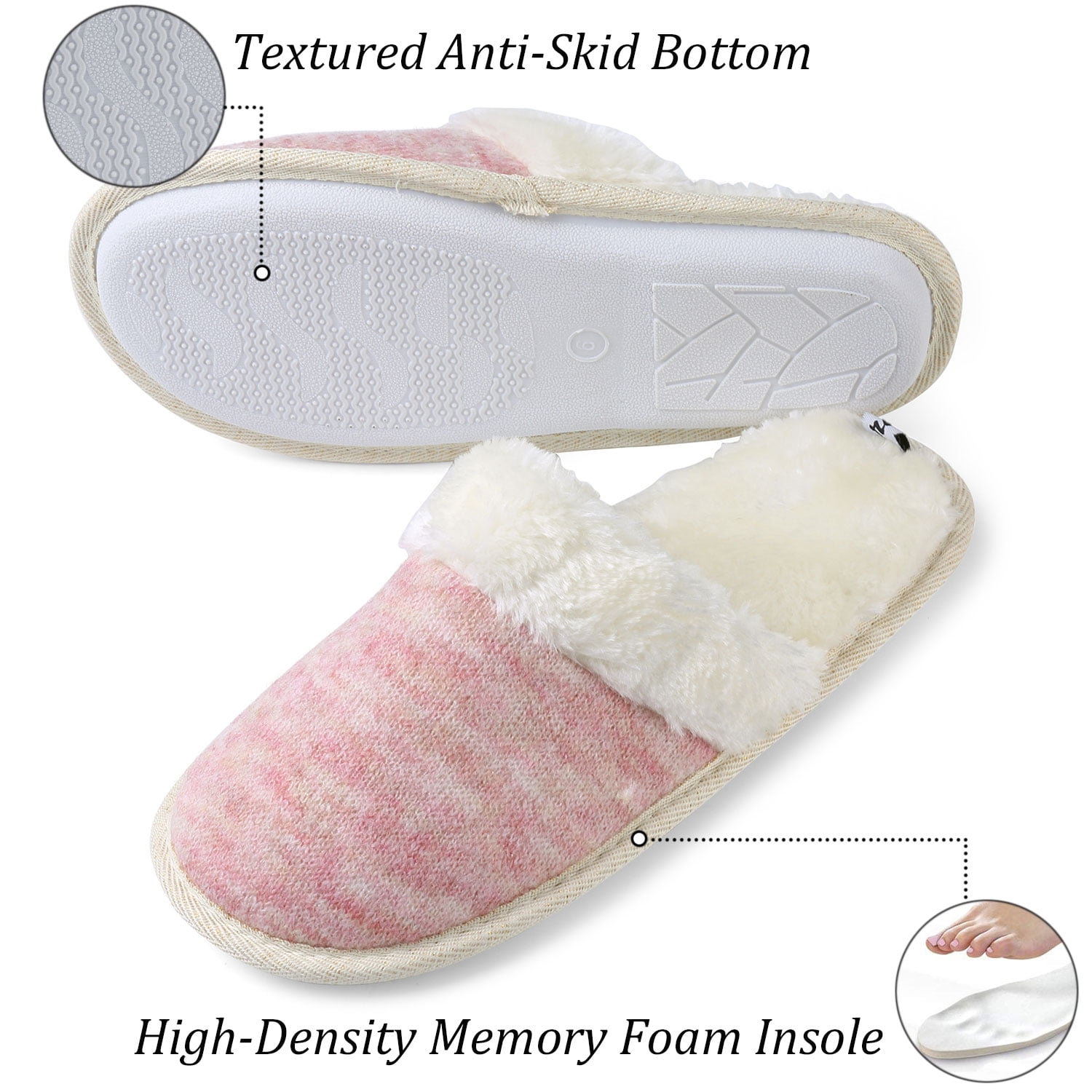 Womens Memory Foam Scuff Slippers Fuzzy House Shoes with Faux Fur Collar Winter Slide Slipper
