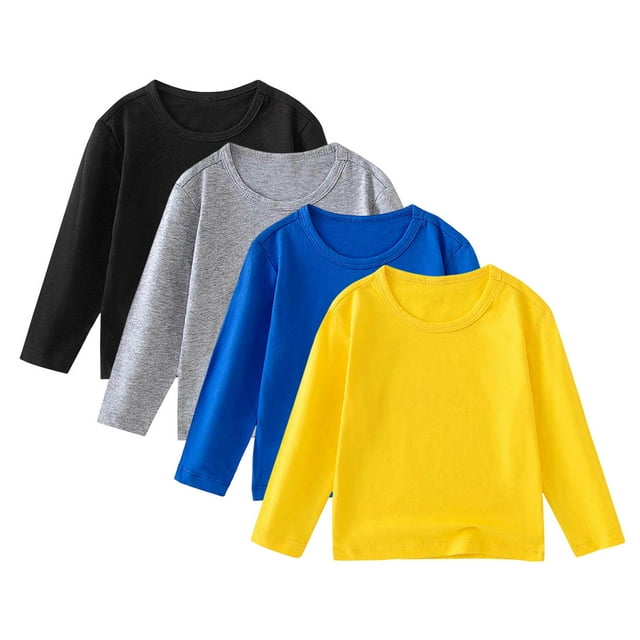 Floleo Ensemble T-Shirt à Manches Longues 4 Pcs pour Tout-Petits Garçons Filles, Doux et Confortable, Couleur Unie, Col Rond, Hauts Décontractés pour Tous les Jours, Multipack Tenue pour Enfants (Multicolore#6, 2 Ans)