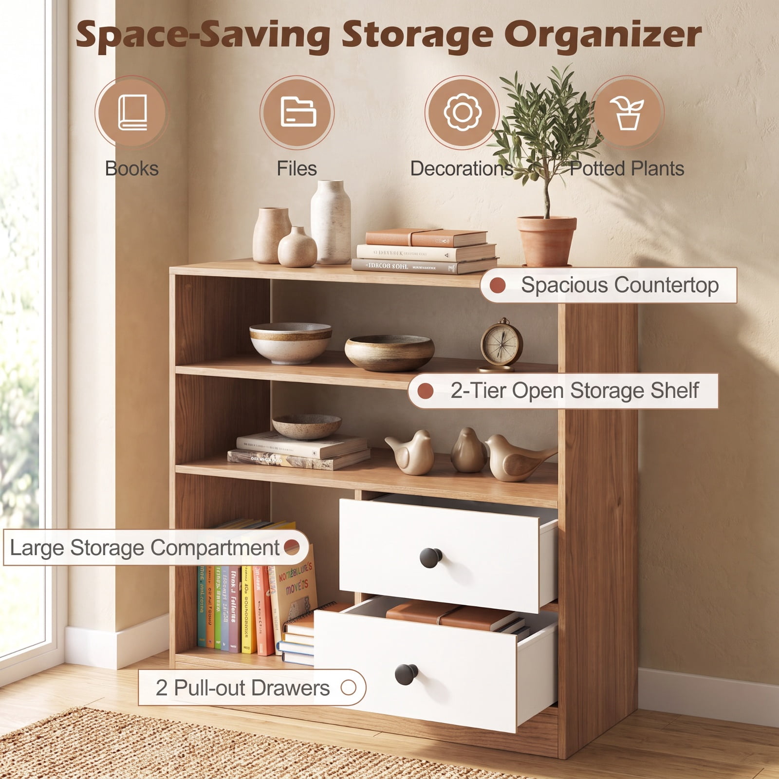 Furnibear Open Accent Cabinet with 2 Drawers 3 Compartments and Countertop Bookshelf Storage for Entryway Living Room and Bedroom, Natural